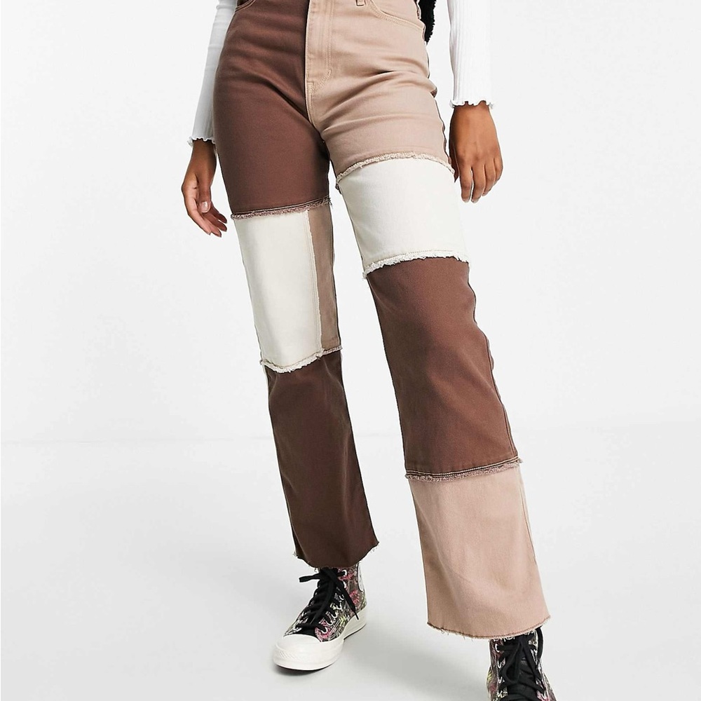 Hollister Women's Patchwork wide leg Jeans - Brown and Cream